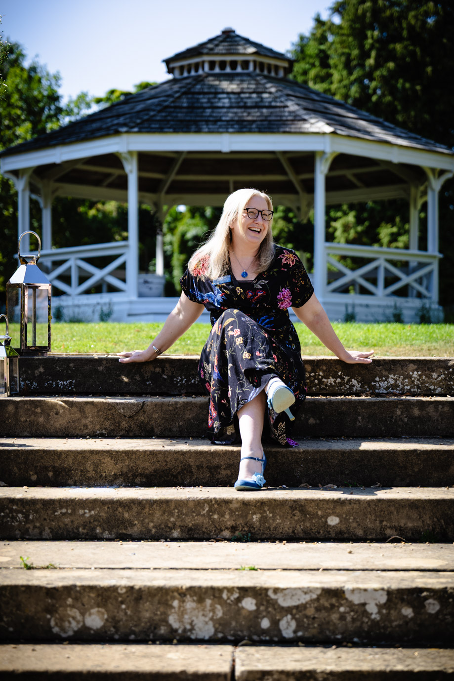 Deb Reed Celebrant based in Colchester Essex sitting smiling before a wedding.